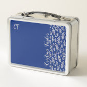 赤面モノグラムのピンクの葉の青のパターン メタルランチボックス (裏面)