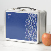 赤面モノグラムのピンクの葉の青のパターン メタルランチボックス (インサイチュ)