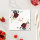 赤面モノグラム、ブルゴーニュ青フローラ水彩 スタンダードカクテルナプキン (インサイチュ)