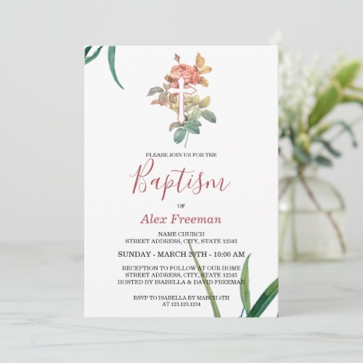 赤面ユニークピンクのスクリプトフローラガールバプテスマ 招待状 (スタンド正面)