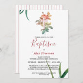 赤面ユニークピンクのスクリプトフローラガールバプテスマ 招待状 (正面/裏面)
