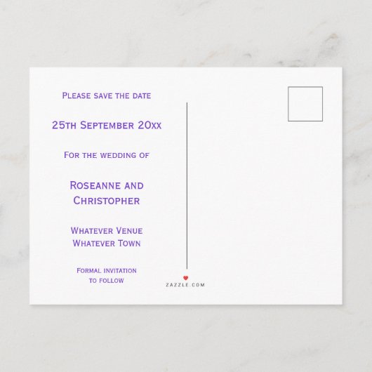 赤面ラベンダーウェディング日付を保存 案内ポストカード (裏面)