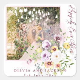 赤面ラベンダーパープルフローラの後ずっと幸せに スクエアシール