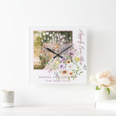 赤面ラベンダーパープルフローラの後ずっと幸せに スクエア壁時計 (ホーム)