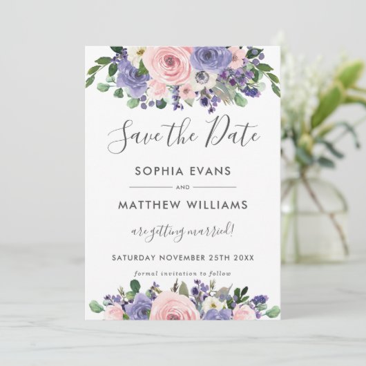 赤面ラベンダーフローラウェディング日付カードを保存 招待状 (スタンド正面)