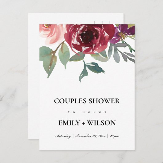 赤面レッドローズウォーター色フローラカップルのシャワー インビテーションポストカード (正面/裏面)