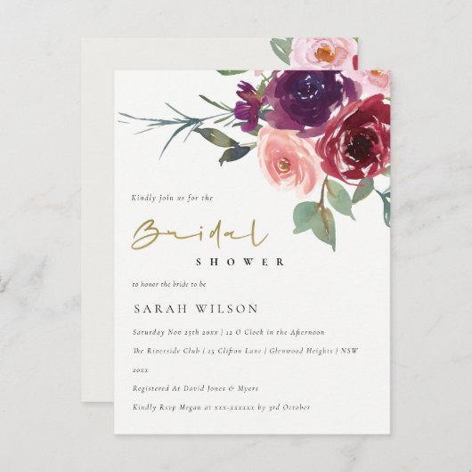 赤面レッドローズウォーター色フローラブライダルシャワー インビテーションポストカード (正面/裏面)