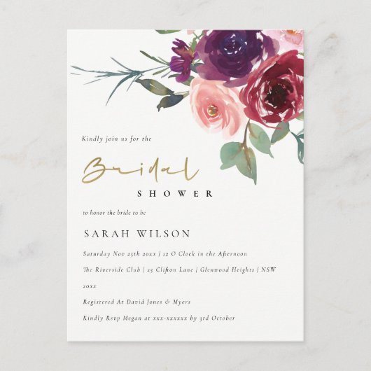 赤面レッドローズウォーター色フローラブライダルシャワー インビテーションポストカード (正面)