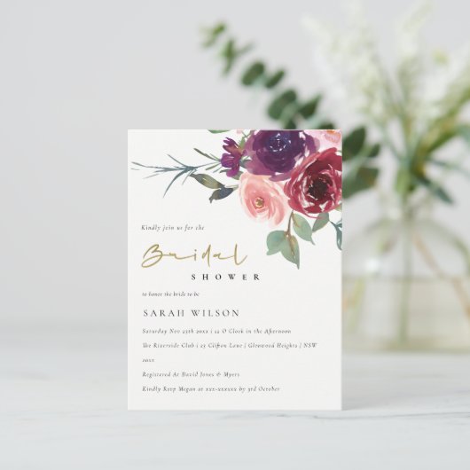 赤面レッドローズウォーター色フローラブライダルシャワー インビテーションポストカード (スタンド正面)