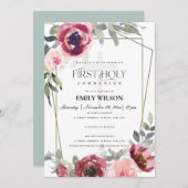 赤面レッドローズフローラファースト聖餐式招待状 サンキューカード (正面/裏面)