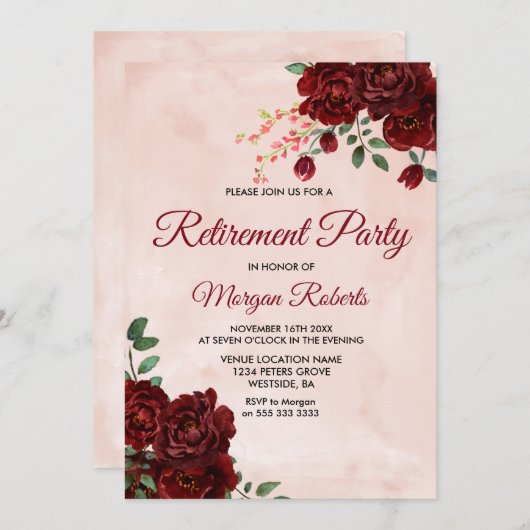赤面レッドローズフローラ退職パーティー招待状 招待状 (正面/裏面)