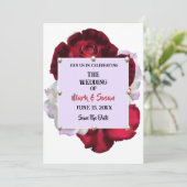 赤面レッドローズ&ホワイトパールウェディング日付を保存 招待状 (スタンド正面)