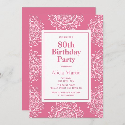 赤面レッド&ホワイトマンダラフラワー70誕生日 招待状 (正面/裏面)