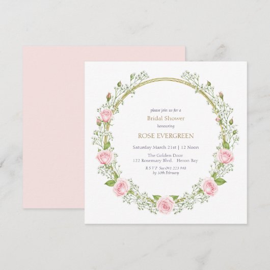 赤面ロマンス：ピンクのバラとベビーの息 招待状 (正面/裏面)