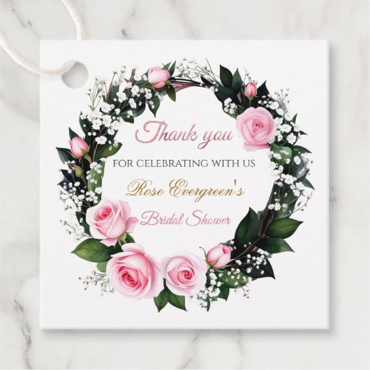 赤面ロマンス:ピンクローズブライダルシャワーありがとう フェイバータグ (正面)