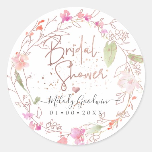 赤面ロマンス、水彩ブライダルシャワー ラウンドシール (正面)