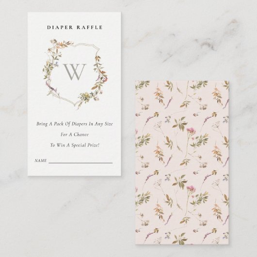 赤面ワイルドフラワークレストおむつラッフルベビーシャワー エンクロージャーカード (正面/裏面)