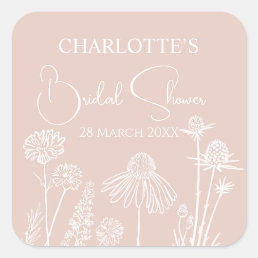 赤面ワイルドフラワースケッチフローラブライダルシャワー スクエアシール (正面)