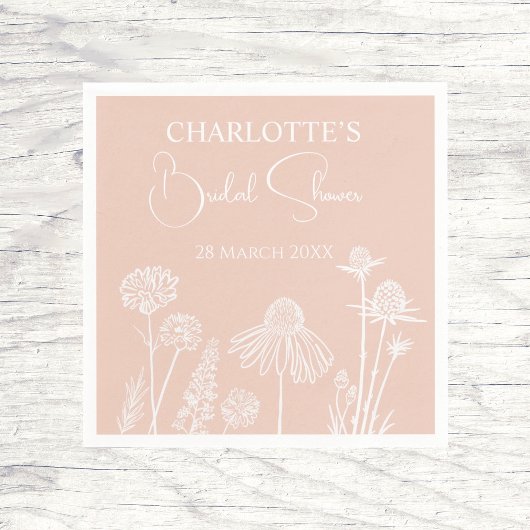 赤面ワイルドフラワースケッチフローラブライダルシャワー スタンダードカクテルナプキン