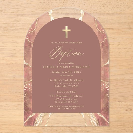 赤面中性金ゴールドアゲートバプテスマモダンスエレガント アクリル招待状 (正面)