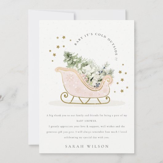 赤面冬そり寒い外ベビースシャワー サンキューカード (正面)