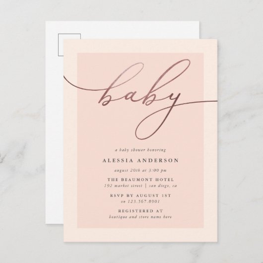 赤面及びばら色の金ゴールドのタイポグラフィの女の子のベビーシャワー インビテーションポストカード (正面/裏面)