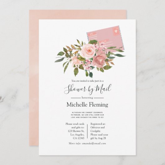 赤面及びバラ金ゴールドフローラベビー又はブライダルシャワー 招待状 (正面/裏面)