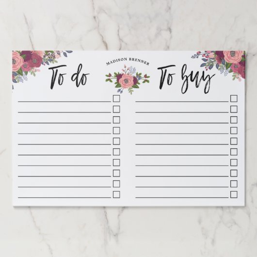 赤面及びバーガンディの花-リストを買うためするため及び ペーパーパッド (正面)