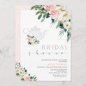 赤面及びホワイトフローラ茶パーティーブライダルシャワー 招待状 (正面/裏面)