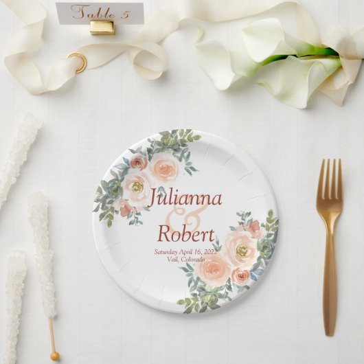 赤面及び緑水色フローラ結婚紙 ペーパープレート (ウェディング)