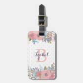 赤面及び青の花の水玉模様のモノグラム ラゲッジタグ (正面縦)