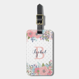 赤面及び青の花の水玉模様のモノグラム ラゲッジタグ