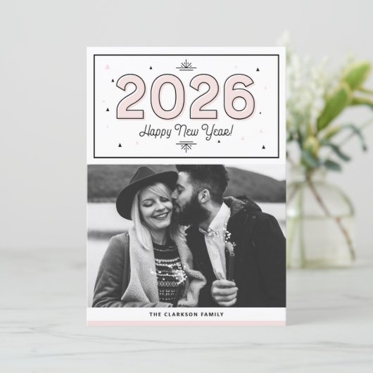 赤面幾何学的タイポグラフィ写真新年おめでとう シーズンカード (スタンド正面)