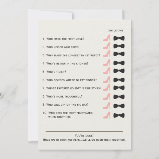 赤面彼は、彼女はブライダルシャワーゲームカードと言った 招待状 (裏面)