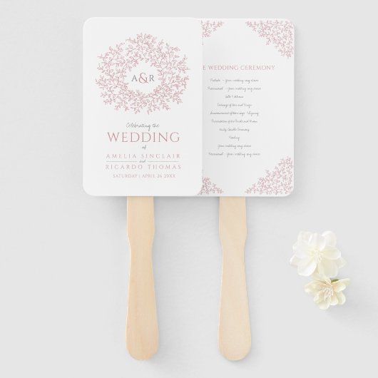 赤面手描きリーフモノグラムアートウェディングプログラム ハンドファン (正面&裏面)