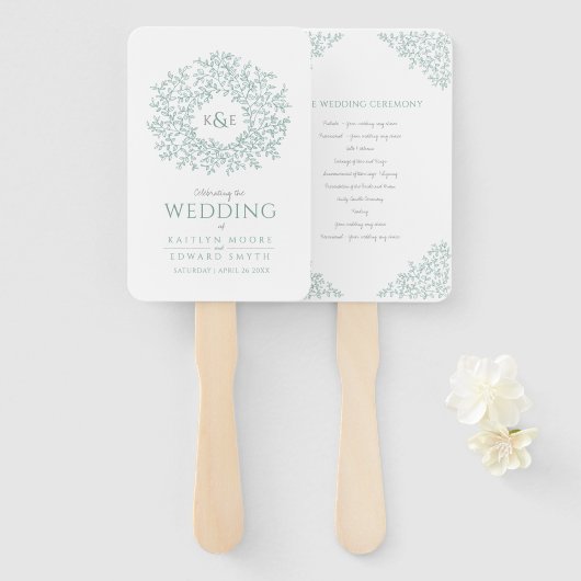 赤面手描きリーフモノグラムアートウェディングプログラム ハンドファン (正面&裏面)