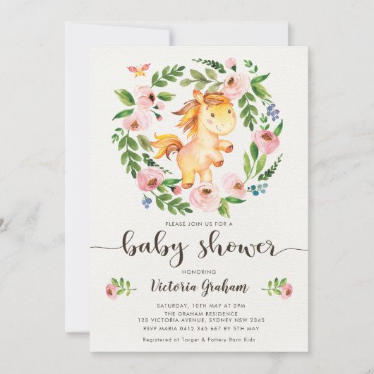 赤面春フローラ馬ガールベビーシャワー 招待状 (正面)