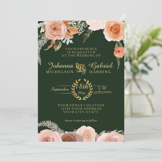 赤面桃フローラ水彩葉樹林緑 招待状 (スタンド正面)