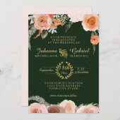赤面桃フローラ水彩葉樹林緑 招待状 (正面/裏面)