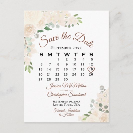 赤面桃フローラ結婚式の日付カレンダーを保存 案内ポストカード (正面)