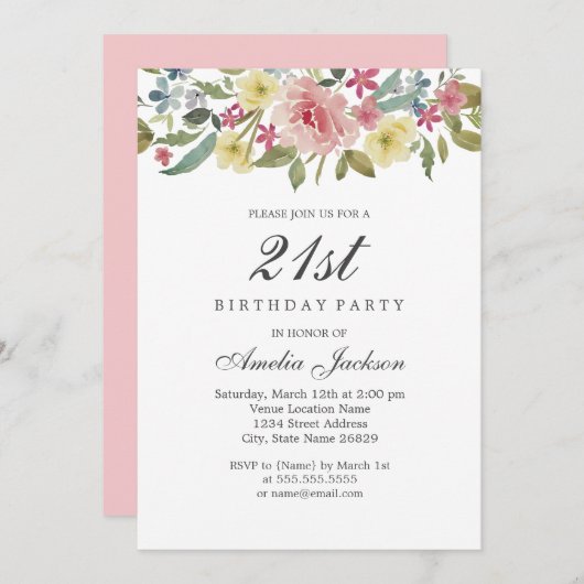 赤面植物水彩21歳の誕生日パーティー 招待状 (正面/裏面)