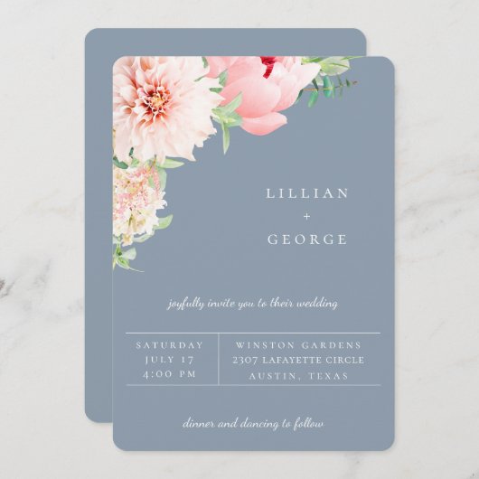 赤面植物 |ほこりっぽいブルー結婚式招待状 案内状 (正面/裏面)