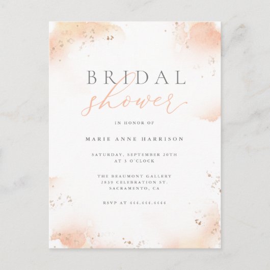 赤面水彩スクリプト&金ゴールドダストブライダルシャワー インビテーションポストカード (正面)