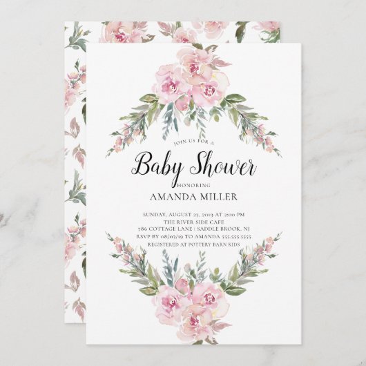 赤面水彩フローラベビーシャワー 招待状 (正面/裏面)