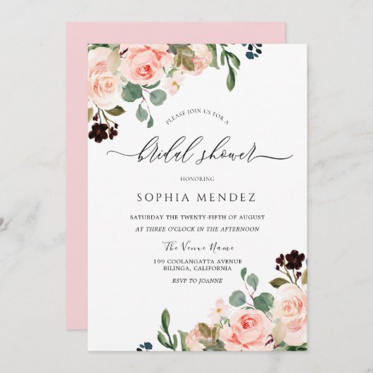 赤面水彩フローラ結婚ブライダルシャワー 招待状 (正面/裏面)