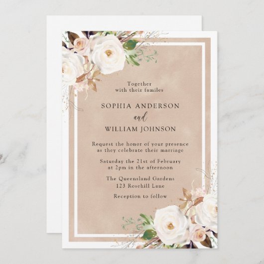 赤面水彩ホワイトフラワ結婚ーズ 招待状 (正面/裏面)