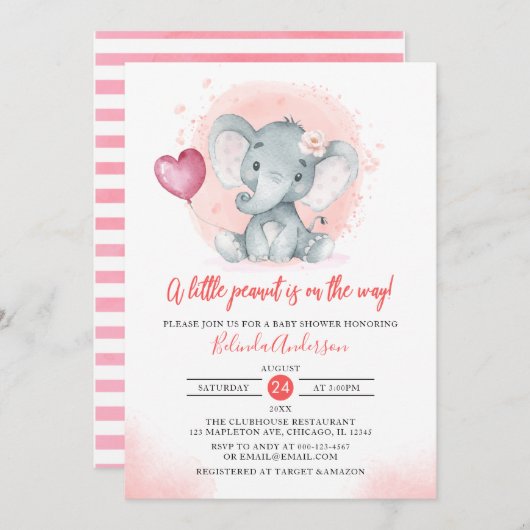 赤面水彩可愛い女の子の象の赤ちゃんシャワー 招待状 (正面/裏面)