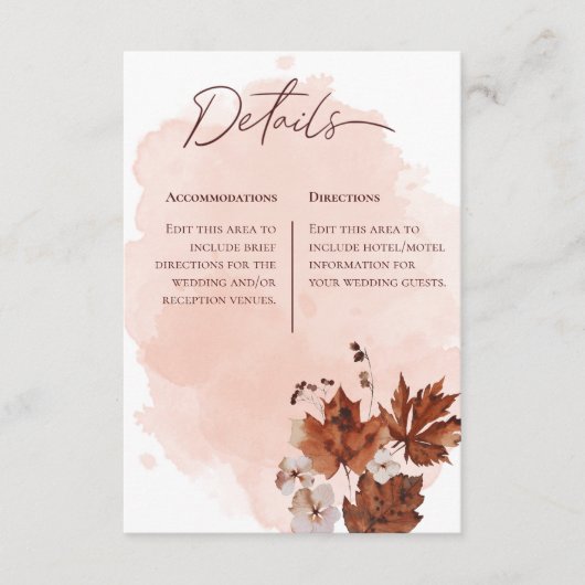 赤面水彩秋モダン詳細結婚ズ エンクロージャーカード (正面)