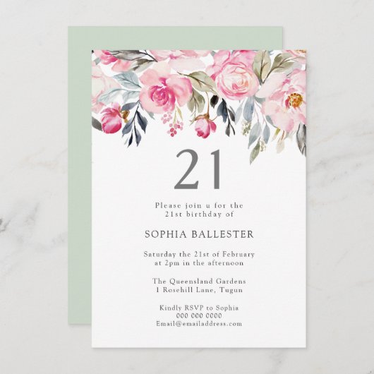 赤面水彩花エレガント21歳の誕生日 招待状 (正面/裏面)