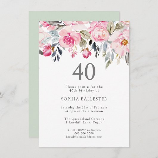赤面水彩花エレガント40歳の誕生日 招待状 (正面/裏面)